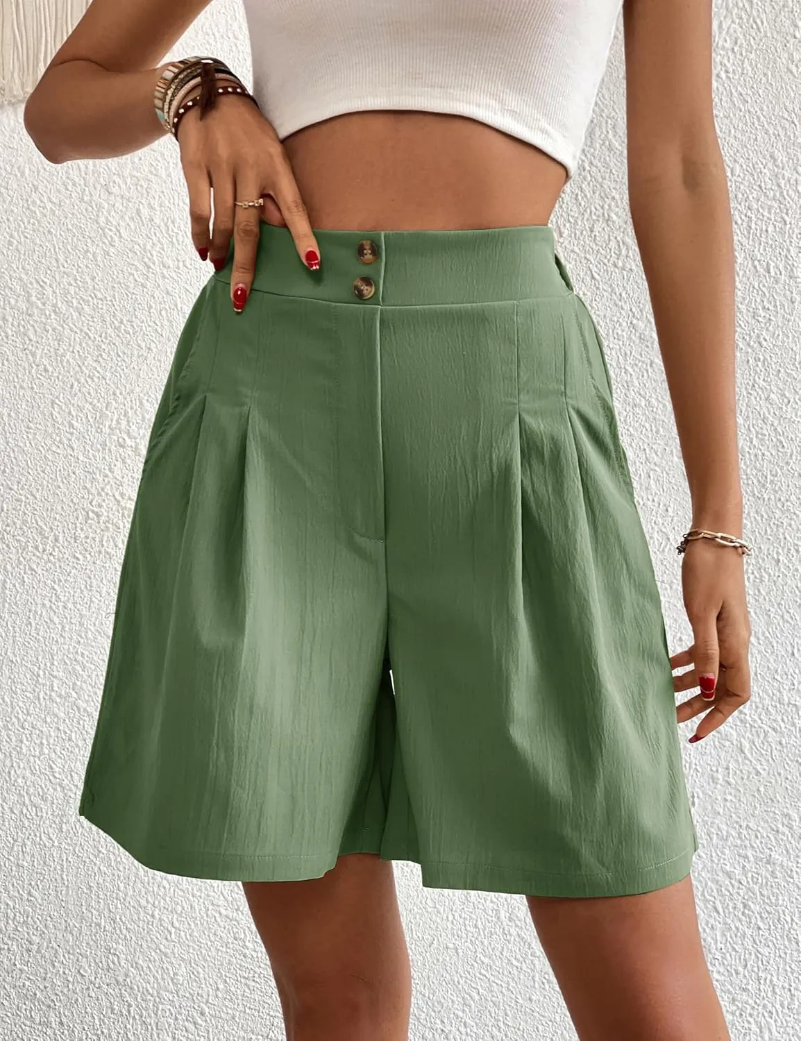 Womens Elastic High Waisted Shorts Summer Casual Pleated Work Shorts with Pockets