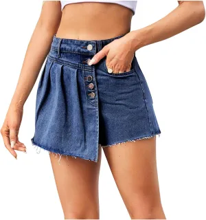 Women's Fashion Demin Shorts High Waisted Stretchy Jeans Casual Summer Hot Button Pleated Skirt Fashion Denim Shorts