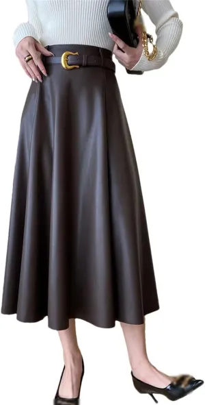 Women's French Pleated A-Line Leather Skirt Commuting Style Solid Color Knit Long Skirt with Belt