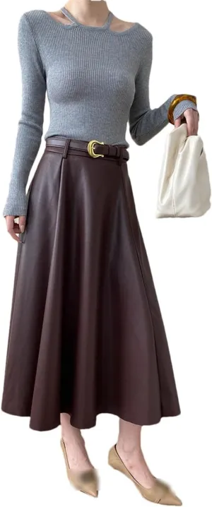 Women's French Pleated A-Line Leather Skirt Commuting Style Solid Color Knit Long Skirt with Belt