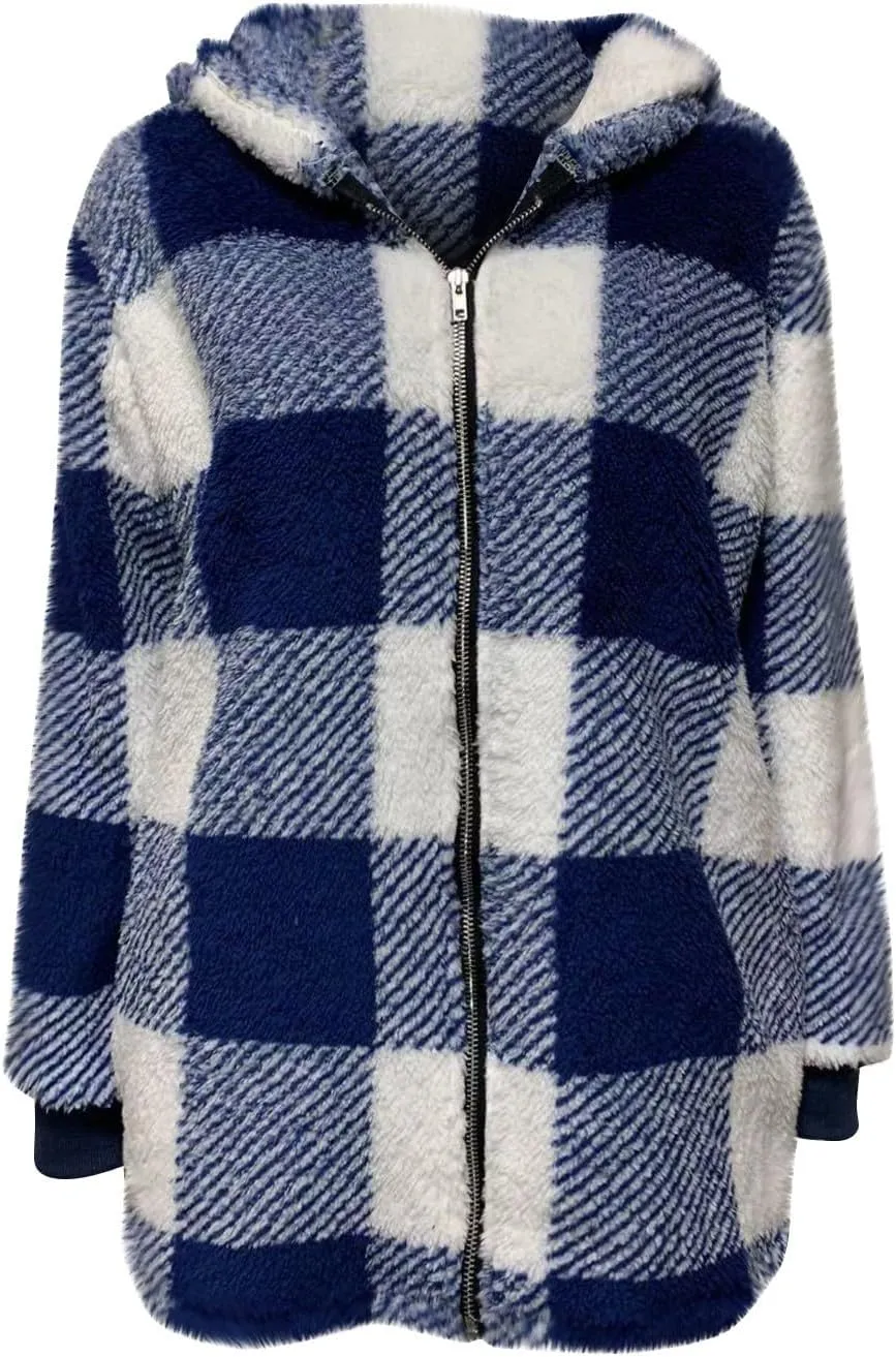 Womens Full Zip Cardigan Sherpa Jacket Plus Size Plaid Fleece Winter Coat Oversized Fuzzy Hooded Outwear with Pockets