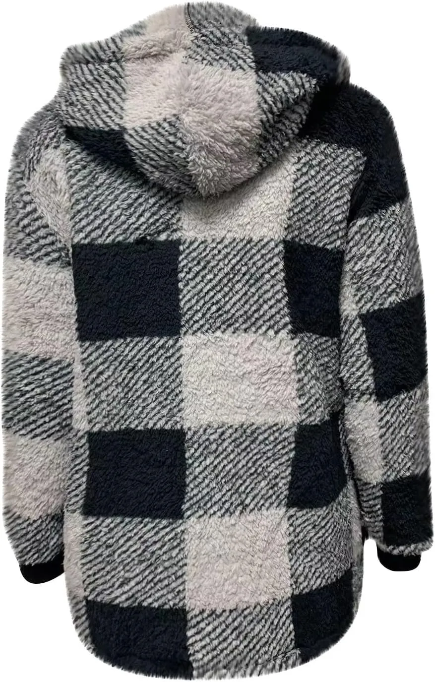 Womens Full Zip Cardigan Sherpa Jacket Plus Size Plaid Fleece Winter Coat Oversized Fuzzy Hooded Outwear with Pockets