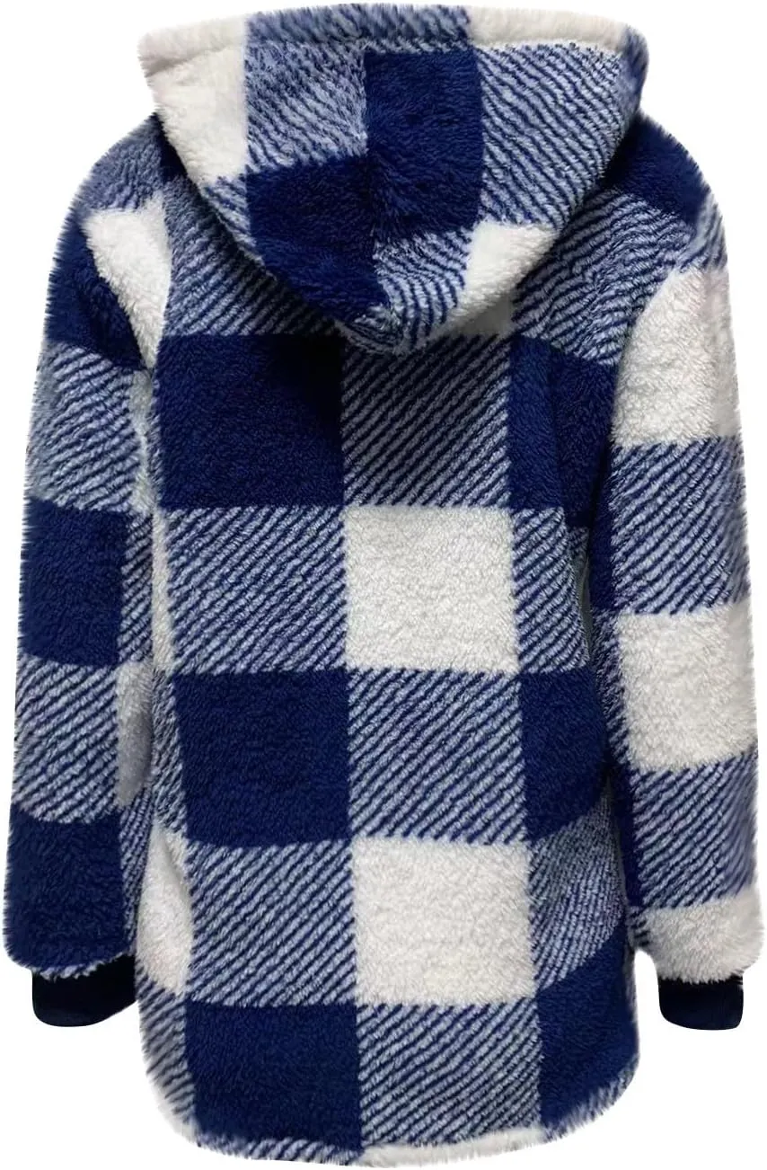 Womens Full Zip Cardigan Sherpa Jacket Plus Size Plaid Fleece Winter Coat Oversized Fuzzy Hooded Outwear with Pockets