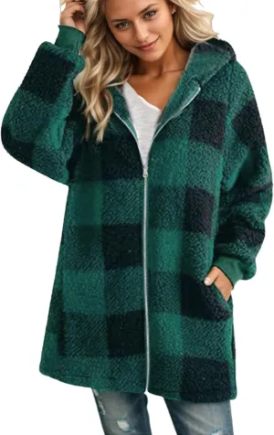 Womens Full Zip Cardigan Sherpa Jacket Plus Size Plaid Fleece Winter Coat Oversized Fuzzy Hooded Outwear with Pockets