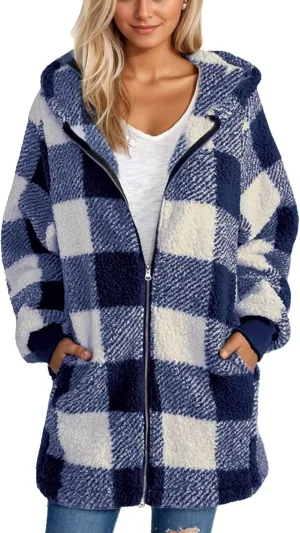 Womens Full Zip Cardigan Sherpa Jacket Plus Size Plaid Fleece Winter Coat Oversized Fuzzy Hooded Outwear with Pockets