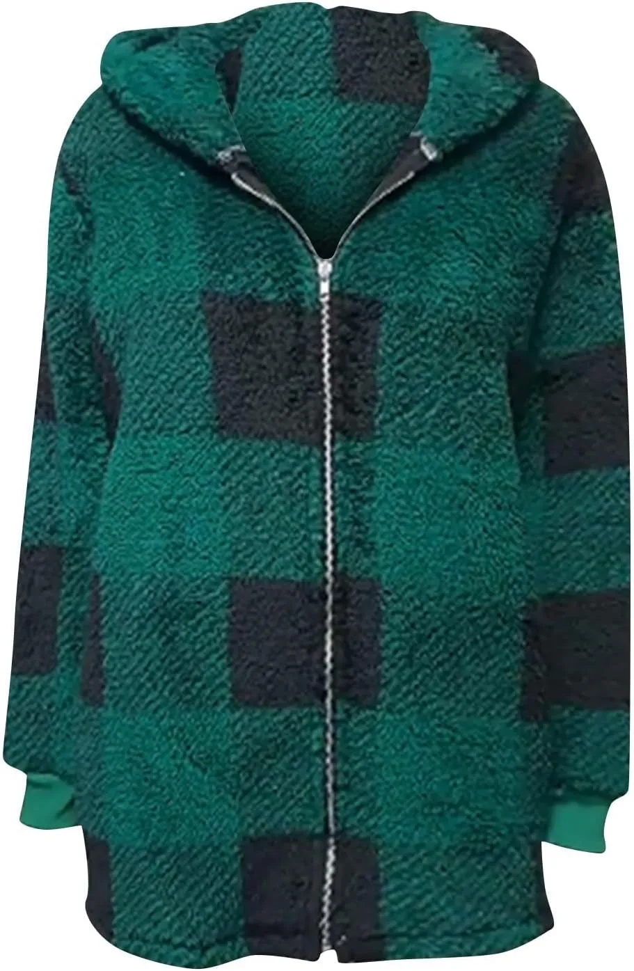 Womens Full Zip Cardigan Sherpa Jacket Plus Size Plaid Fleece Winter Coat Oversized Fuzzy Hooded Outwear with Pockets