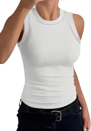 Womens High Neck Tank Tops Sleeveless Ribbed Exposed Seam Curved Hem Slim Fit Fashion Summer Top Shirts