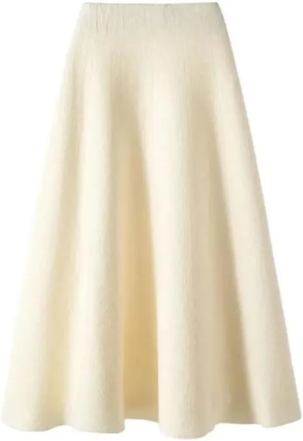 Women's Knitted Pleated Skirt Midi Elastic High Waist A-Line Sweater Winter Wool Long Mom Skirt