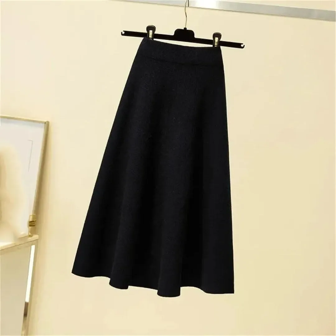 Women's Knitted Pleated Skirt Midi Elastic High Waist A-Line Sweater Winter Wool Long Mom Skirt