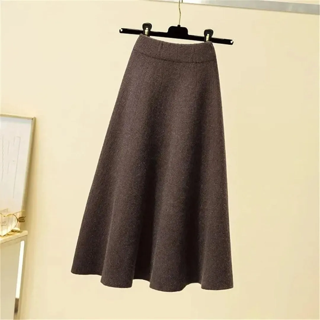 Women's Knitted Pleated Skirt Midi Elastic High Waist A-Line Sweater Winter Wool Long Mom Skirt