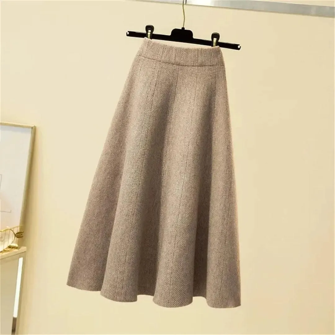 Women's Knitted Pleated Skirt Midi Elastic High Waist A-Line Sweater Winter Wool Long Mom Skirt
