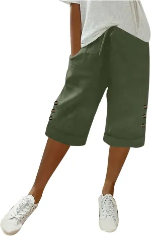 Womens Linen Shorts 2025 Causal Comfy Summer Drawstring High Waist Cotton Shorts for Women Baggy Pants Pockets