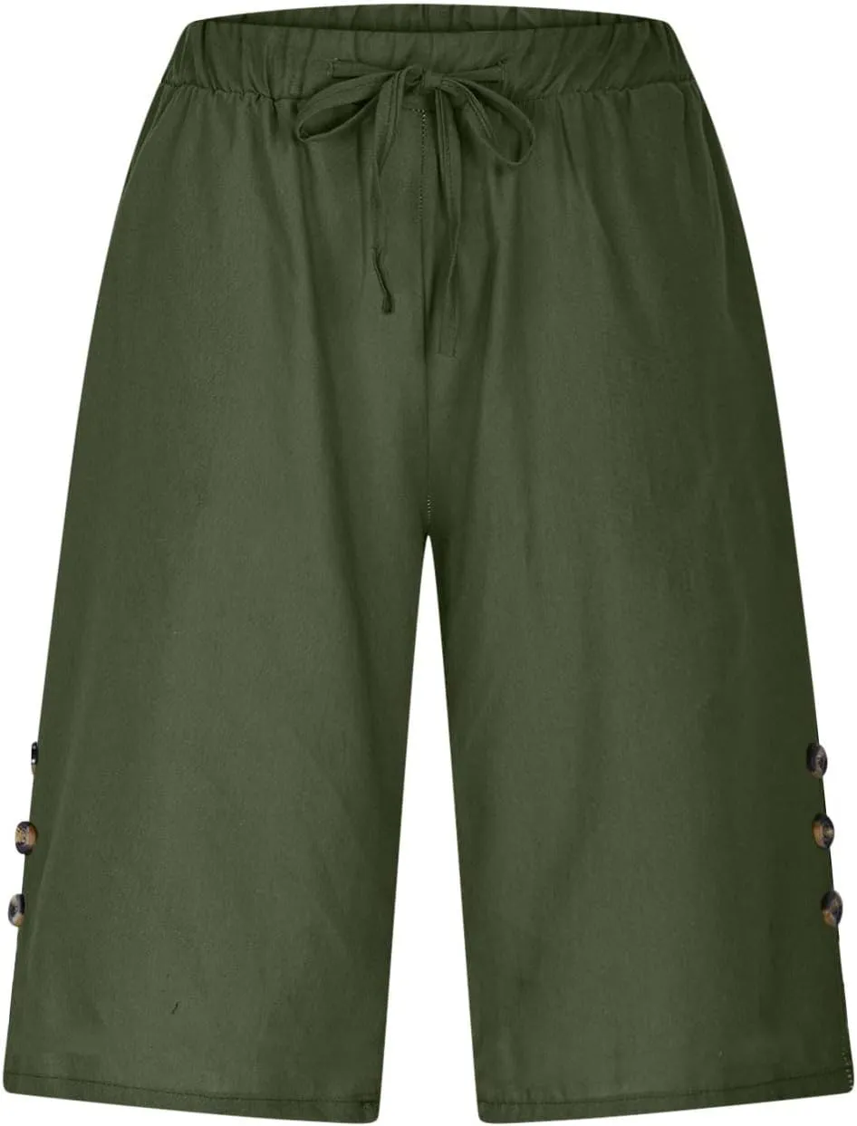 Womens Linen Shorts 2025 Causal Comfy Summer Drawstring High Waist Cotton Shorts for Women Baggy Pants Pockets