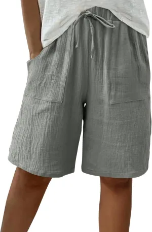 Women's Linen Shorts Elastic Waist Drawstring Bermuda Shorts for Women Knee Length Summer Casual Beach Clothes 2025