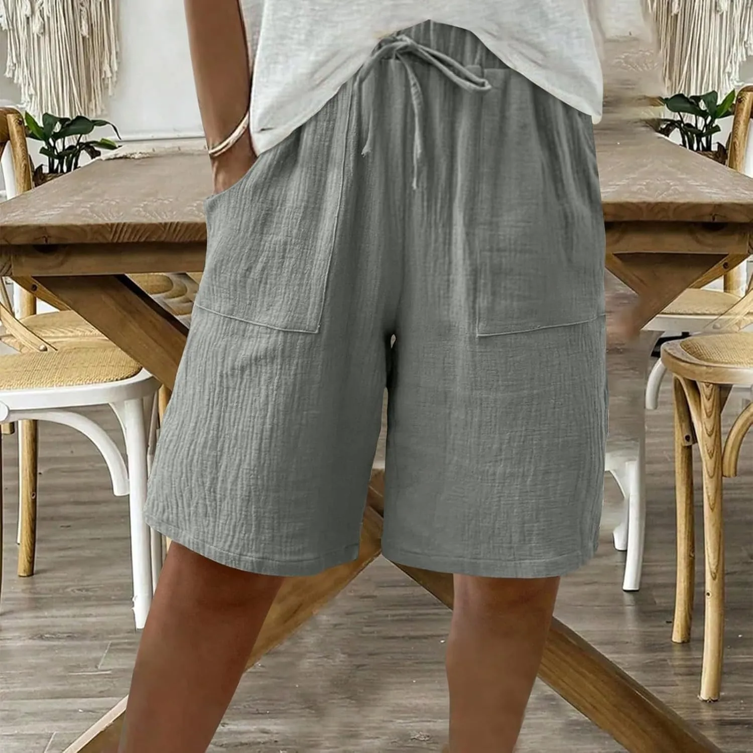 Women's Linen Shorts Elastic Waist Drawstring Bermuda Shorts for Women Knee Length Summer Casual Beach Clothes 2025