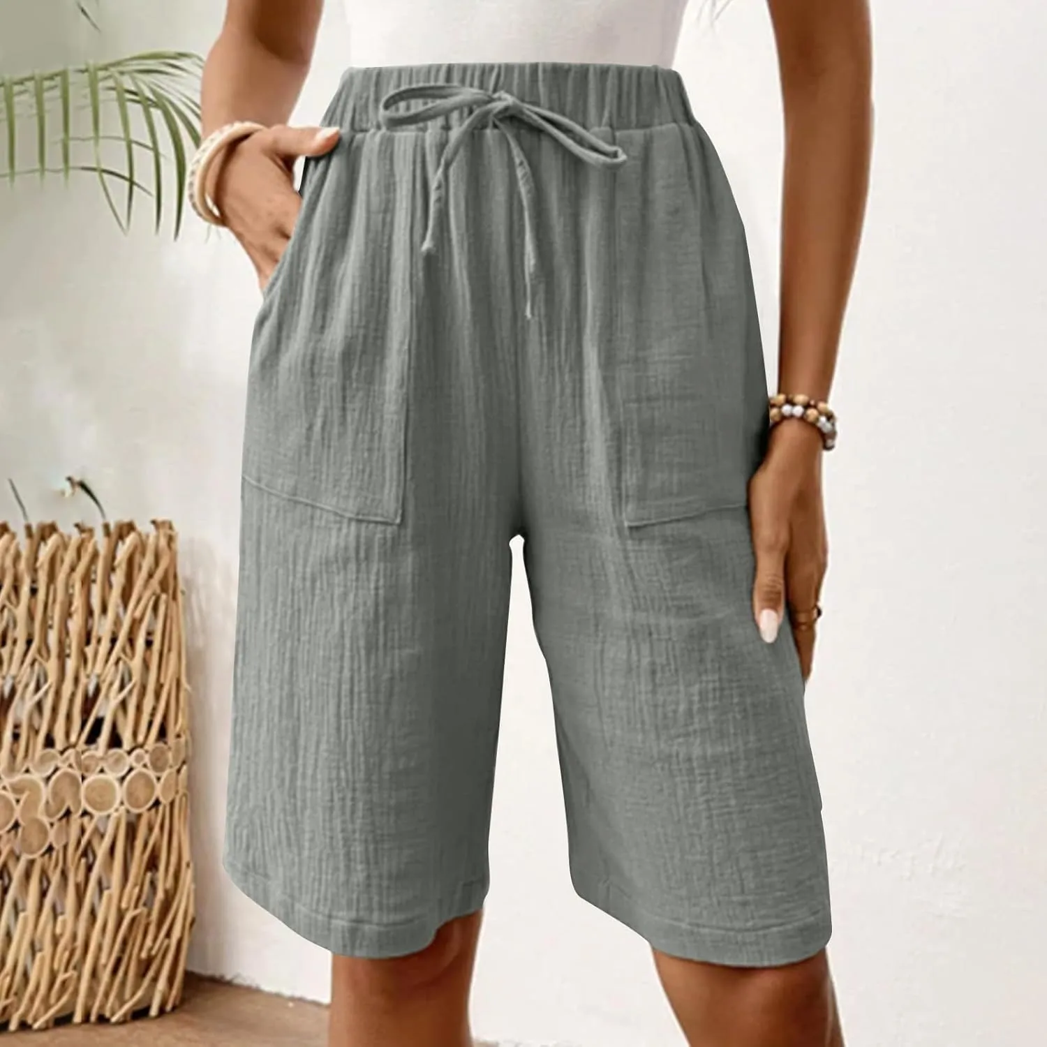 Women's Linen Shorts Elastic Waist Drawstring Bermuda Shorts for Women Knee Length Summer Casual Beach Clothes 2025