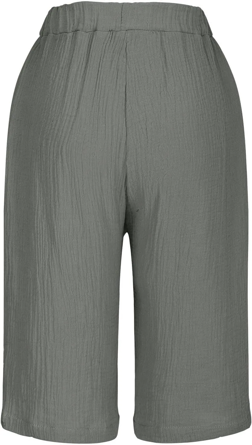 Women's Linen Shorts Elastic Waist Drawstring Bermuda Shorts for Women Knee Length Summer Casual Beach Clothes 2025