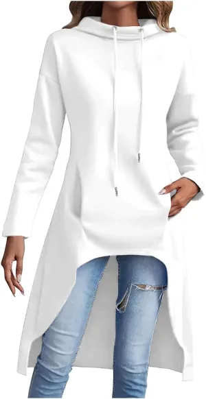 Women's Novelty Cowl Neck Sweatshirts Flowy Asymmetrical Hem Solid Hoodies Preppy Thumb Hole Oversized Pullover