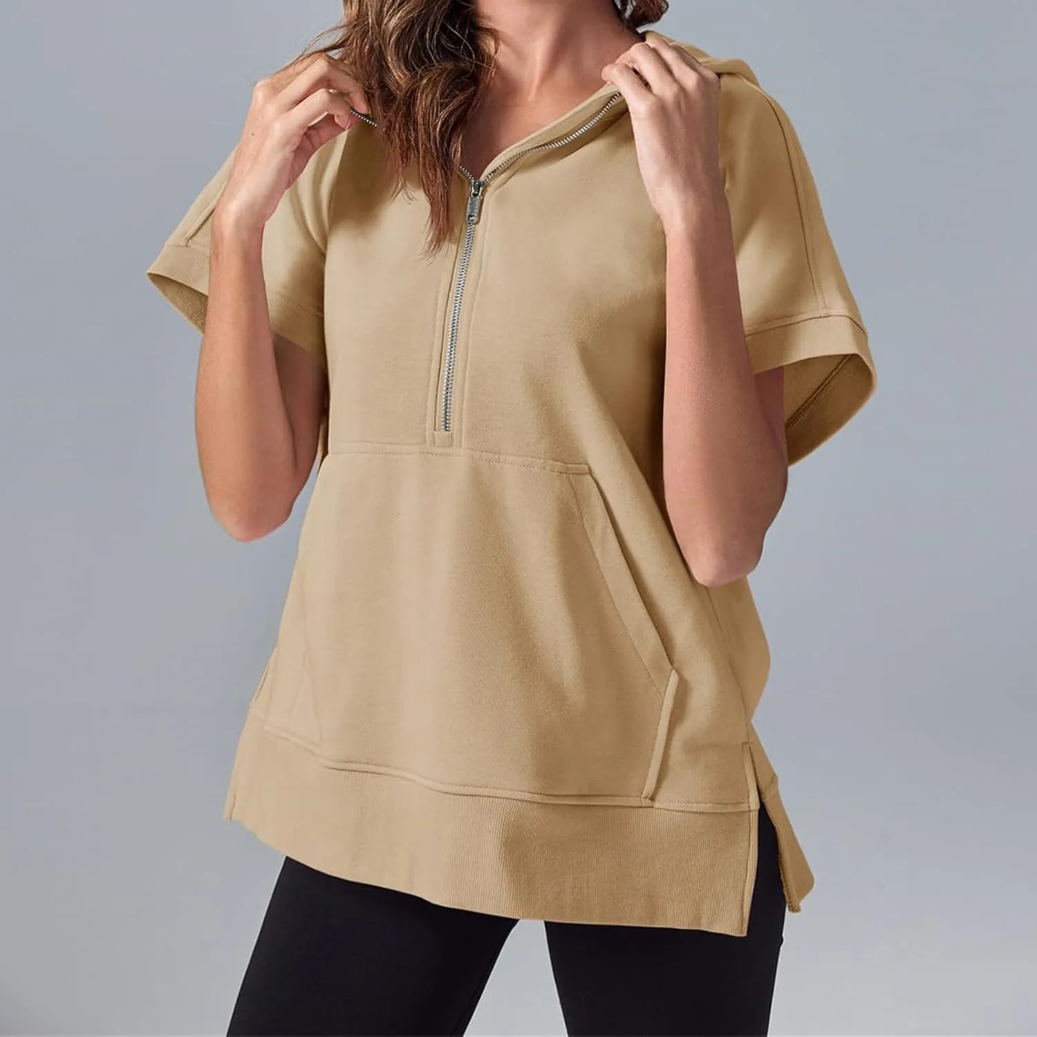 Womens Oversized Half Zip Hoodies Short Sleeve Sweatshirts Casual Loose Fit Shirts Summer Pullover Tops with Pockets