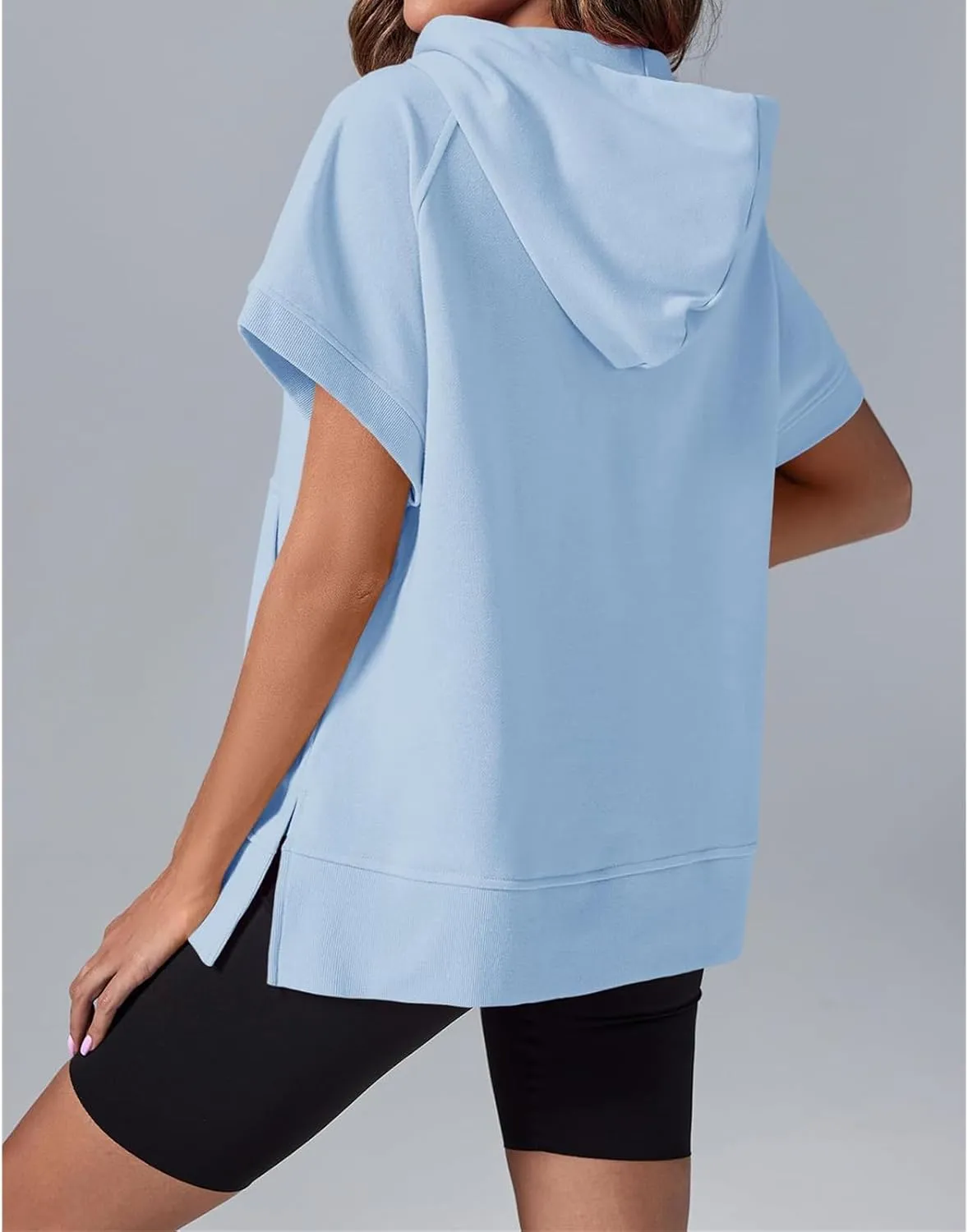 Womens Oversized Half Zip Hoodies Short Sleeve Sweatshirts Casual Loose Fit Shirts Summer Pullover Tops with Pockets