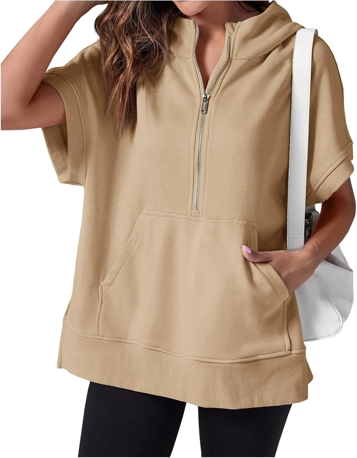 Womens Oversized Half Zip Hoodies Short Sleeve Sweatshirts Casual Loose Fit Shirts Summer Pullover Tops with Pockets