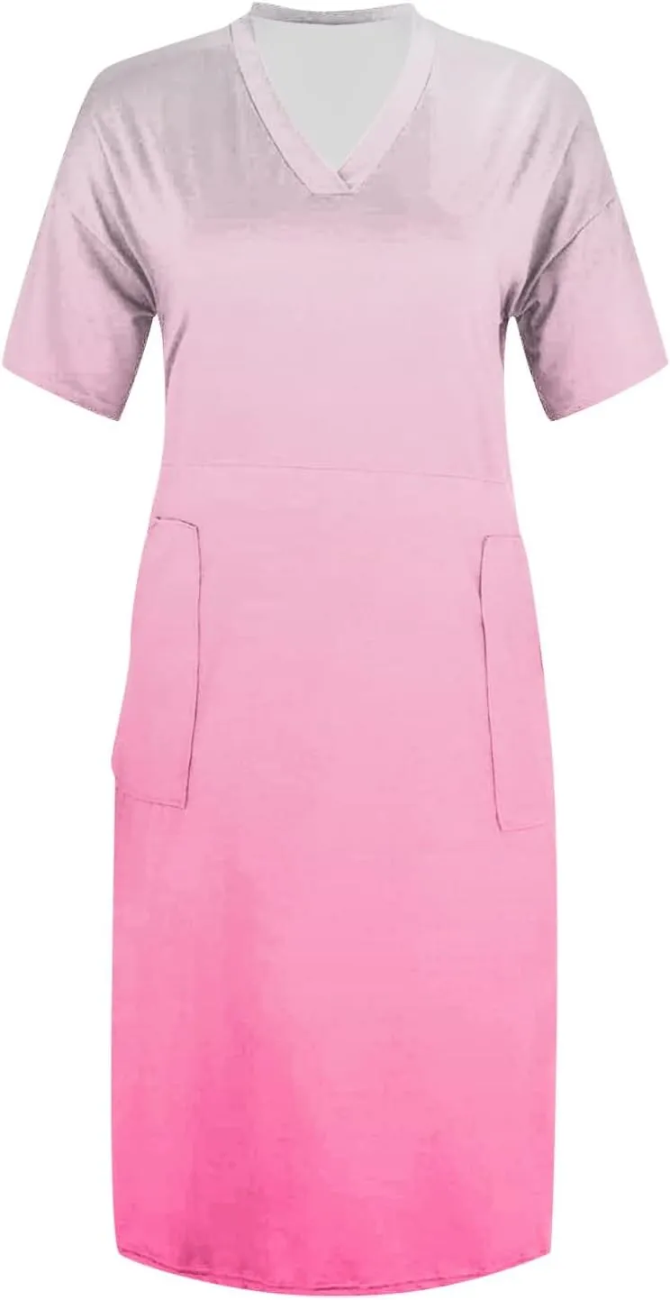 Women's Plus Size Dresses Short Sleeve V Neck Midi Beach Vacation Casual Dress with Pockets for Curvy Women