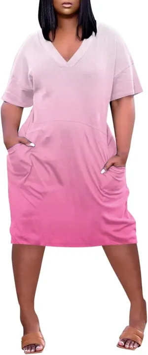Women's Plus Size Dresses Short Sleeve V Neck Midi Beach Vacation Casual Dress with Pockets for Curvy Women