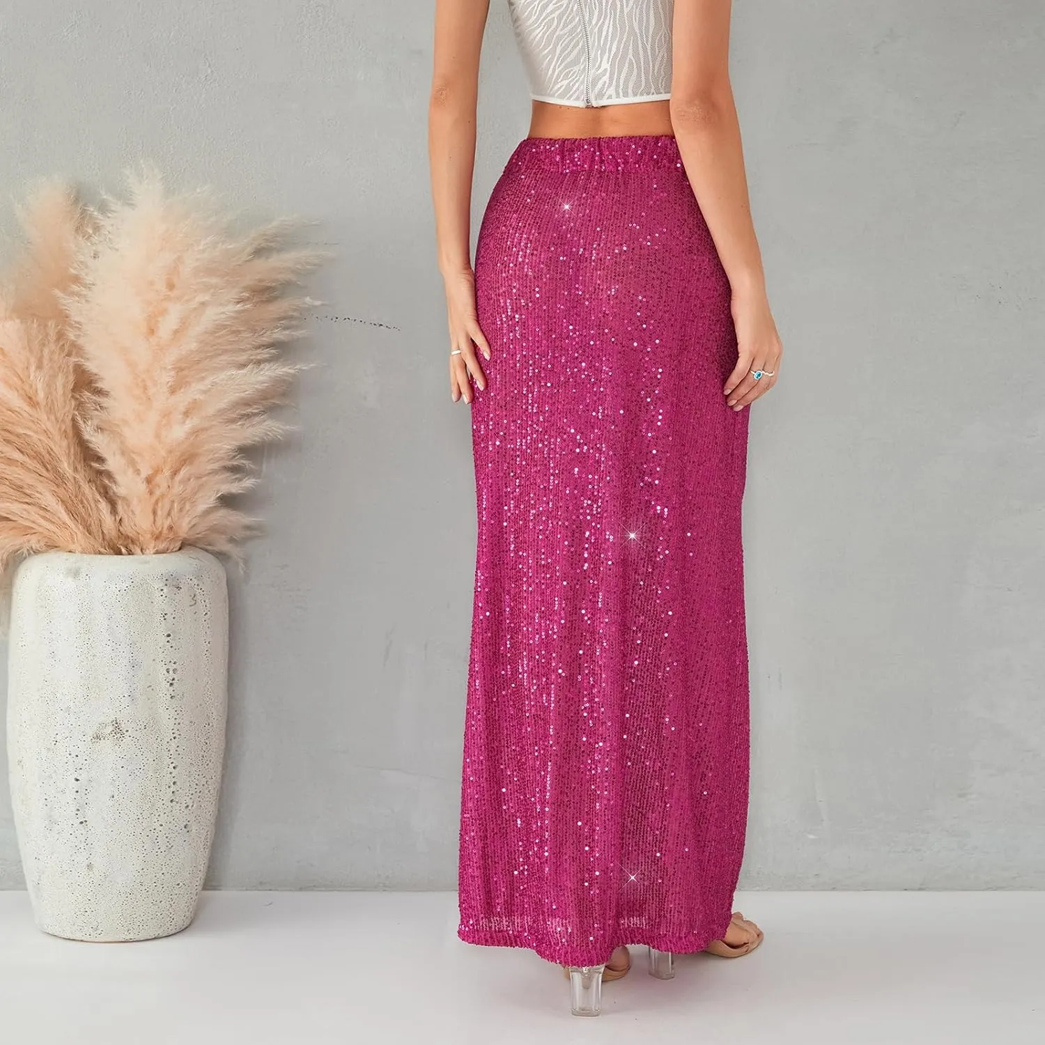 Womens Sequin Maxi Skirt Elastic Low Waist Sparkle Split Hem Night Out Party Party Bling Maxi Skirt