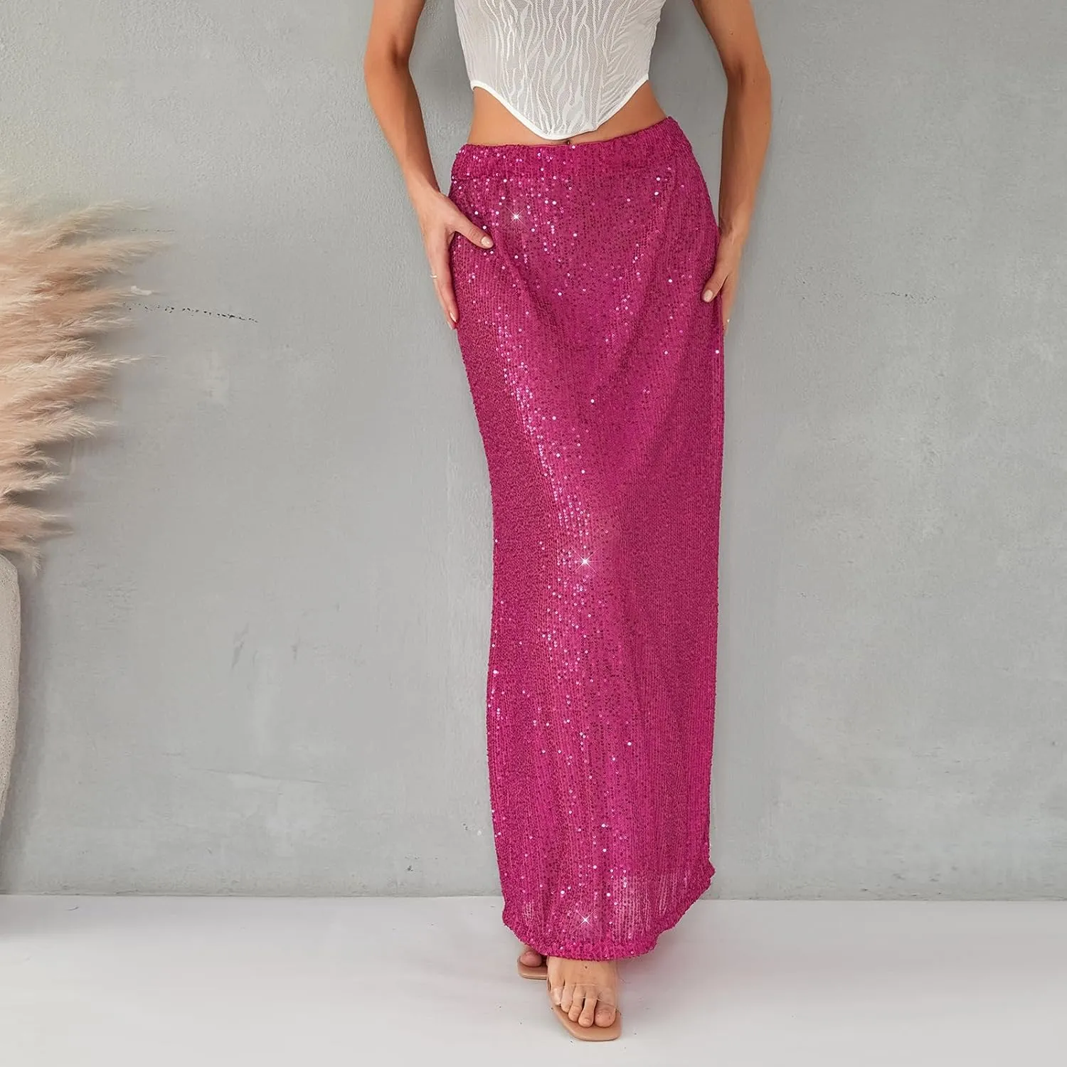 Womens Sequin Maxi Skirt Elastic Low Waist Sparkle Split Hem Night Out Party Party Bling Maxi Skirt