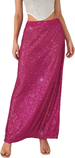 Womens Sequin Maxi Skirt Elastic Low Waist Sparkle Split Hem Night Out Party Party Bling Maxi Skirt