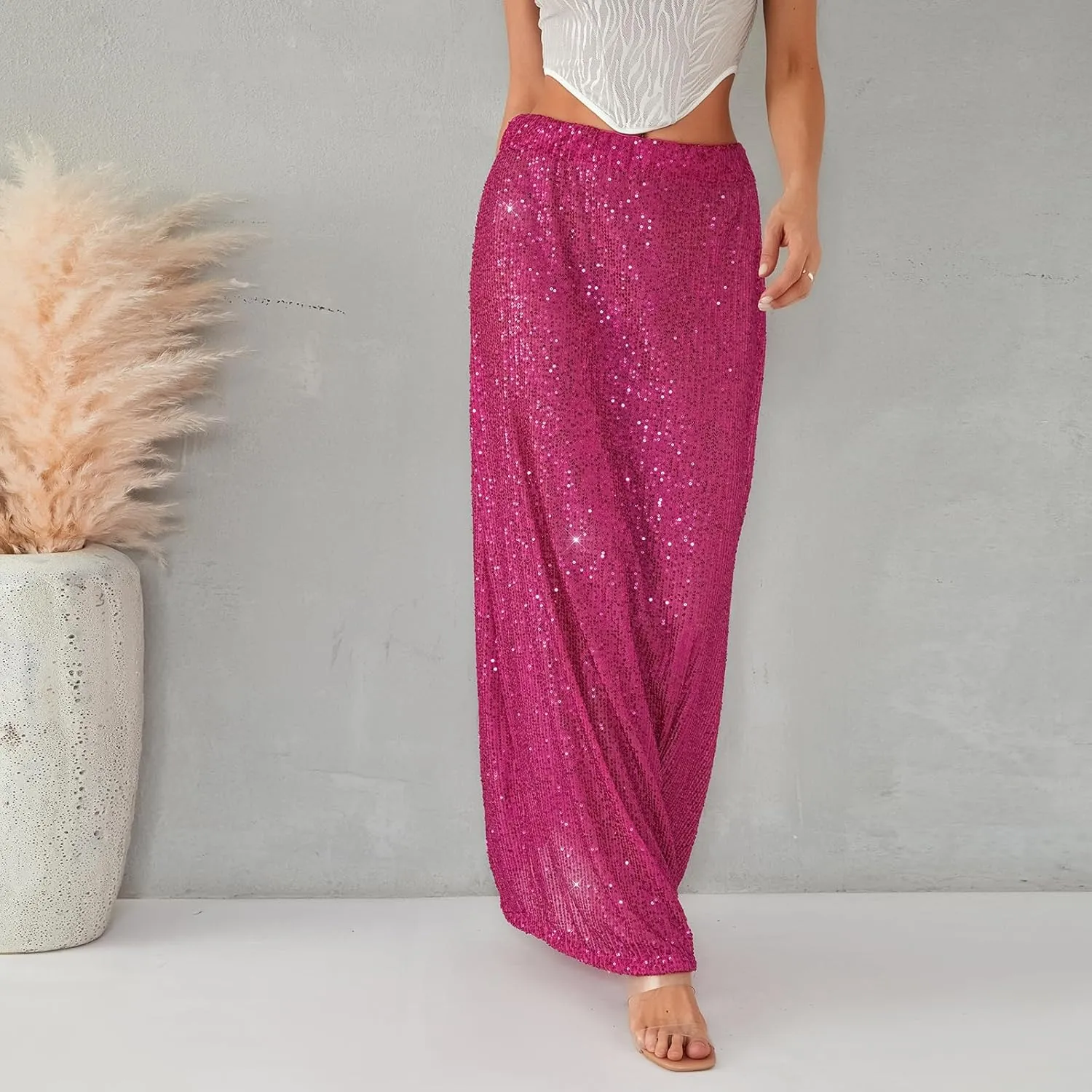Womens Sequin Maxi Skirt Elastic Low Waist Sparkle Split Hem Night Out Party Party Bling Maxi Skirt