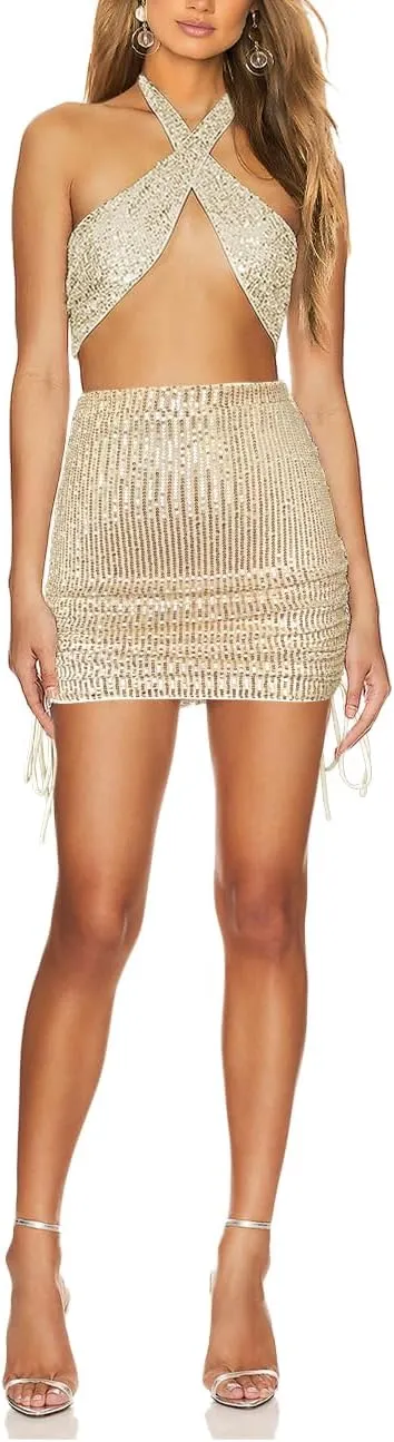 Women's Sequin Skirt Sparkly Glitter Drawstring Pencil Bodycon Mini Skirts Night Out Party Club Wear