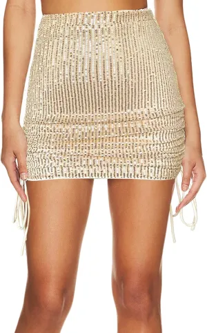 Women's Sequin Skirt Sparkly Glitter Drawstring Pencil Bodycon Mini Skirts Night Out Party Club Wear