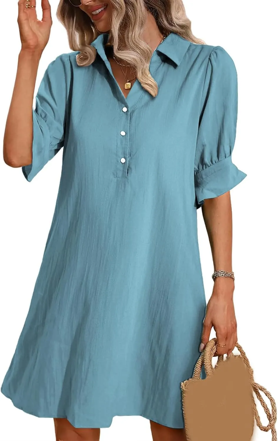 Womens Shirt Dresses Midi Length 3/4 Ruffle Sleeve Summer Dress Button Down Shift Lightweight Sundresses 2025 Trendy