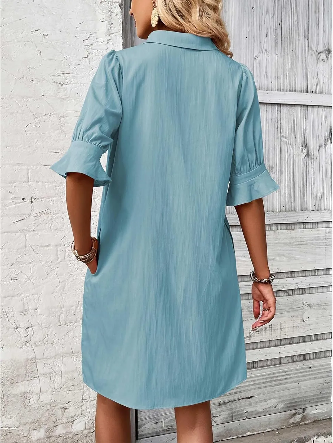 Womens Shirt Dresses Midi Length 3/4 Ruffle Sleeve Summer Dress Button Down Shift Lightweight Sundresses 2025 Trendy