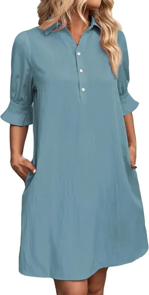Womens Shirt Dresses Midi Length 3/4 Ruffle Sleeve Summer Dress Button Down Shift Lightweight Sundresses 2025 Trendy