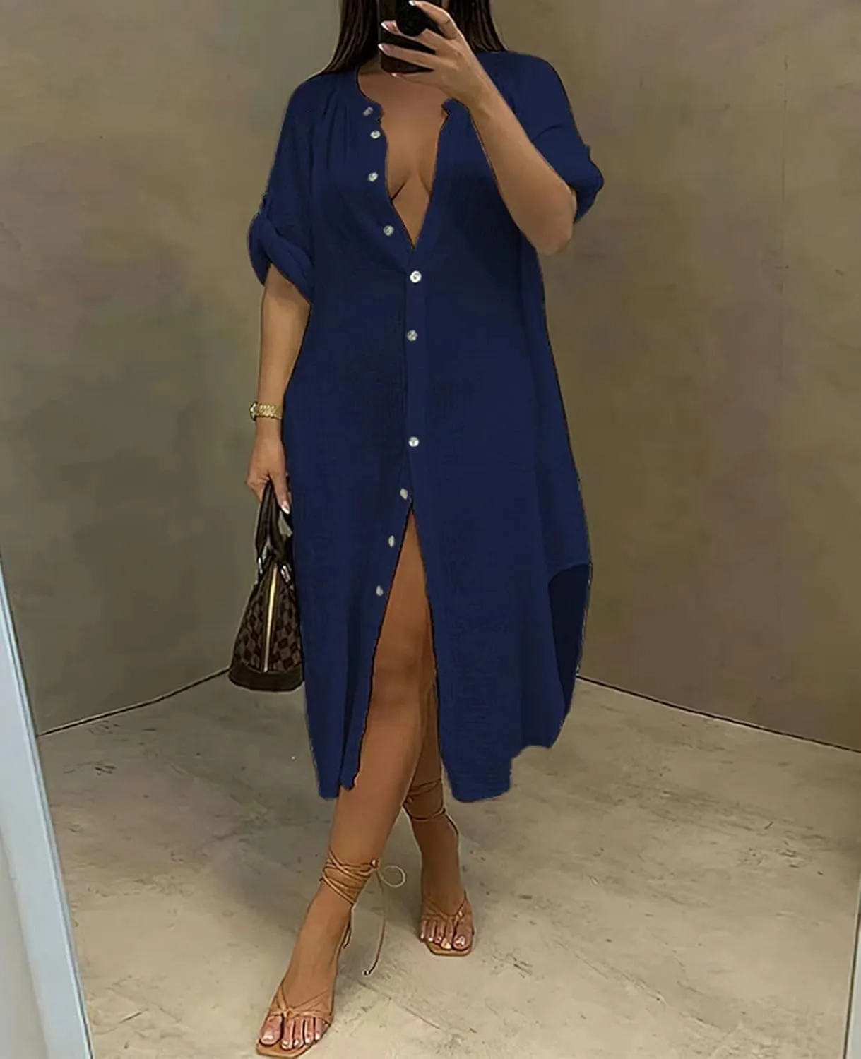 Womens Summer Button Down Rolled-Up Sleeve Loose Casual Side Split Shirt Dresses Swimsuit Cover Ups