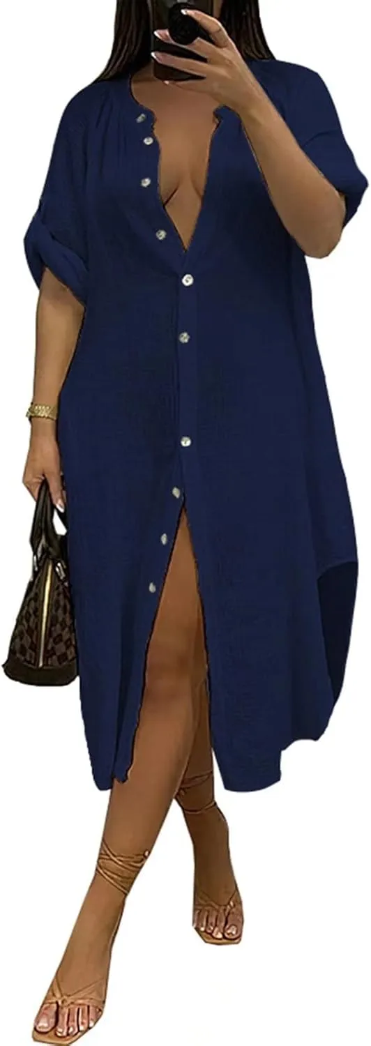 Womens Summer Button Down Rolled-Up Sleeve Loose Casual Side Split Shirt Dresses Swimsuit Cover Ups