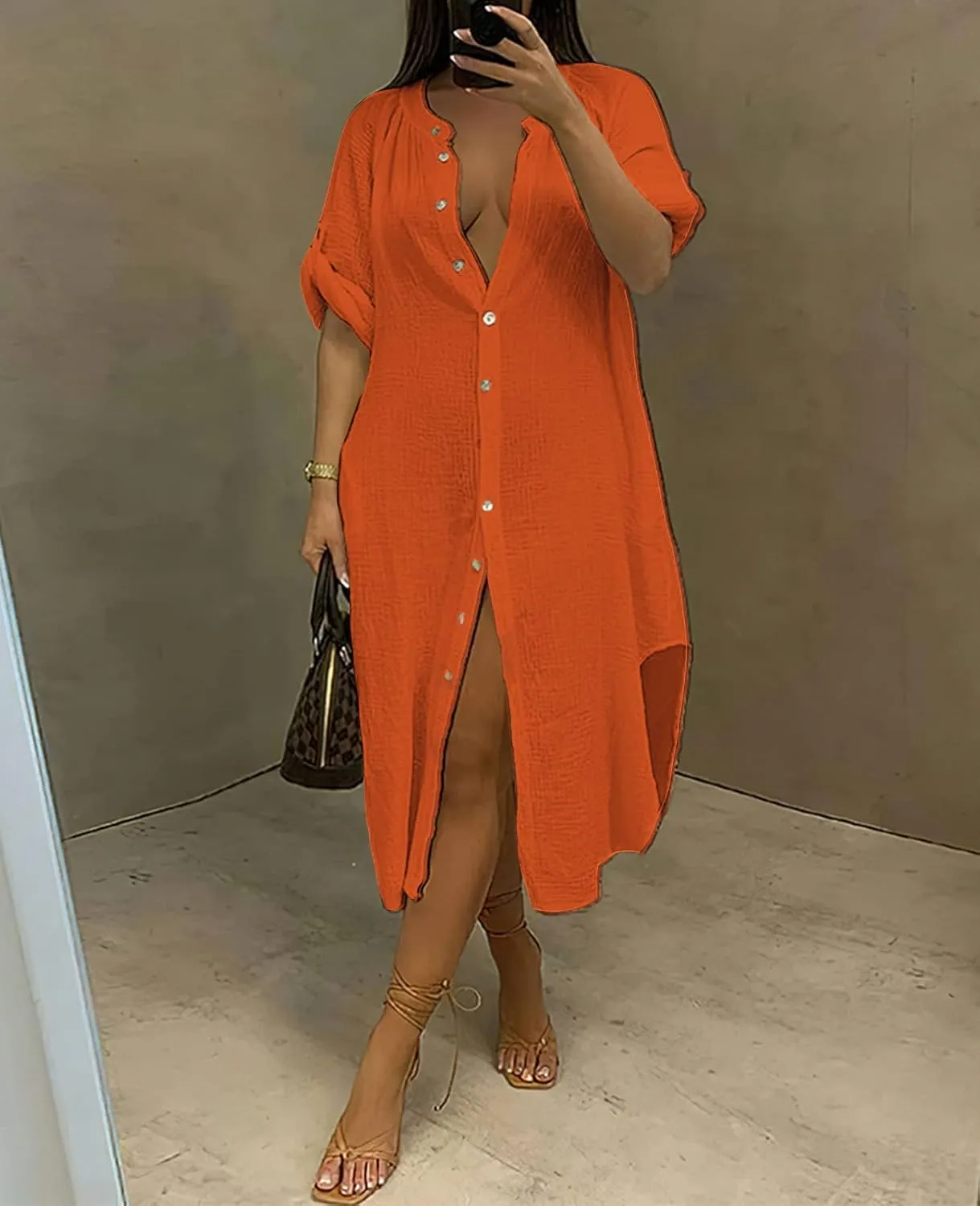 Womens Summer Button Down Rolled-Up Sleeve Loose Casual Side Split Shirt Dresses Swimsuit Cover Ups
