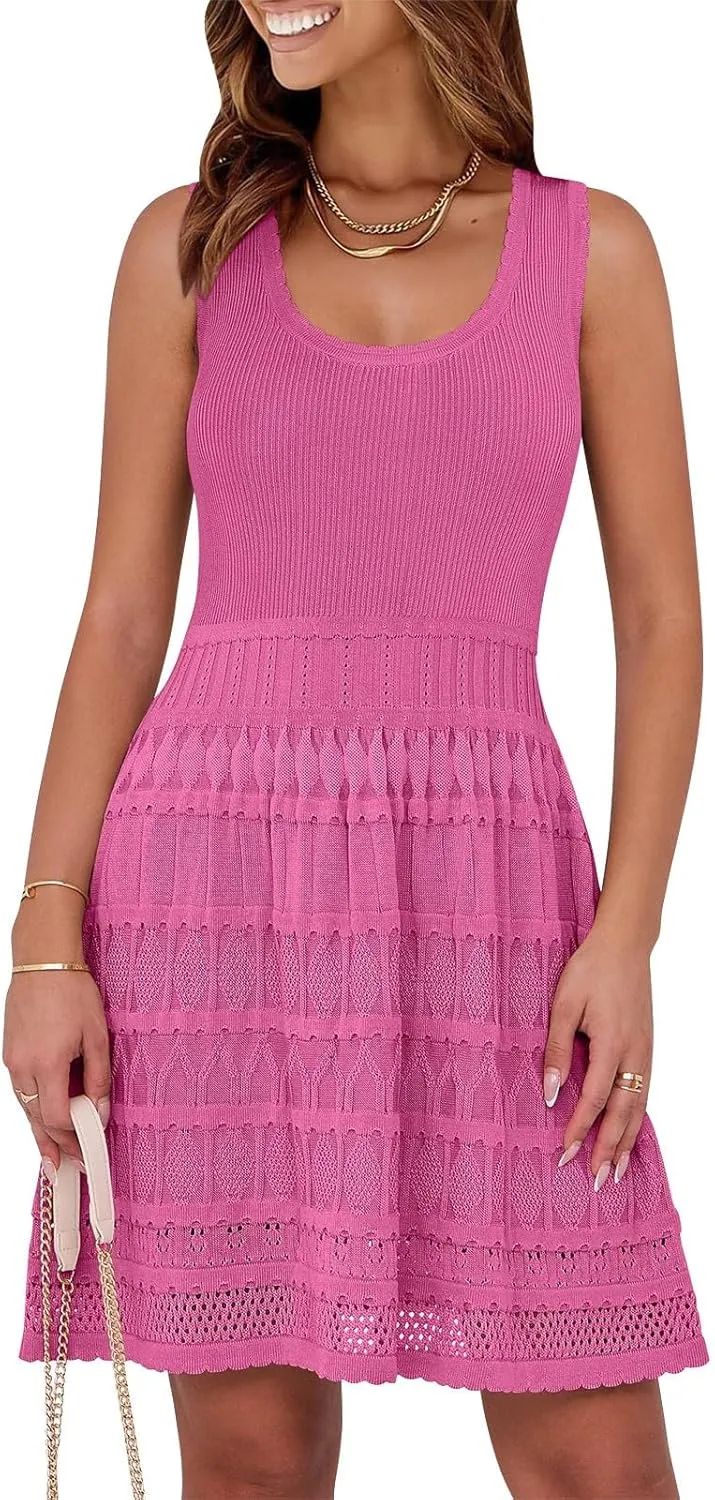 Womens Summer Mini Dress Sleeveless Scoop Neck Knit Tank Dresses Casual Knitted Crochet A Line Flowy Beach Sundress