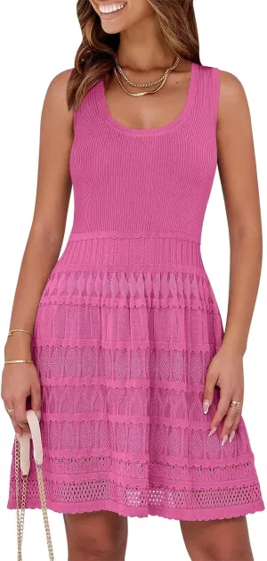 Womens Summer Mini Dress Sleeveless Scoop Neck Knit Tank Dresses Casual Knitted Crochet A Line Flowy Beach Sundress