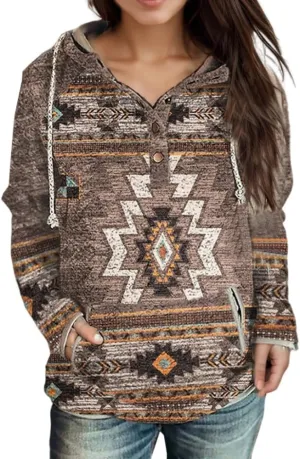 Women's Vintage Aztec Print Long Sleeve Hoodie with Pockets Casual Loose Oversized Half Button Western Sweatshirt