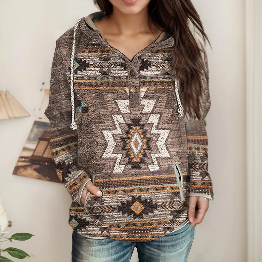 Women's Vintage Aztec Print Long Sleeve Hoodie with Pockets Casual Loose Oversized Half Button Western Sweatshirt