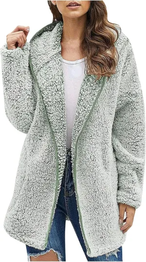 Womens Winter Coats Full Zip Fleece Open Front Cardigan Hoodie Oversized Soft Comfy Plush Sherpa Jacket with Pockets