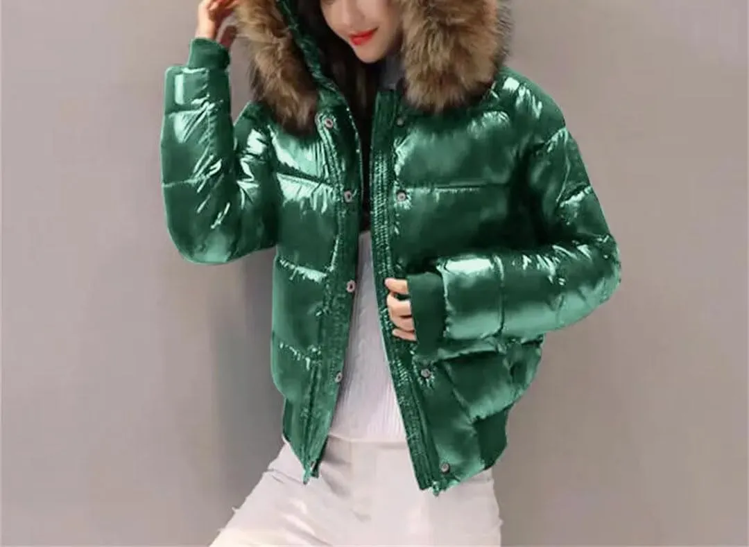 Women's Winter Down Jacket Hooded Glossy Short Jacket Thickened Quilted Warm Parka