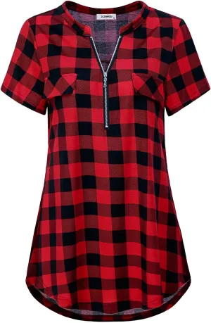 Women's Zip Up V Neck Short Sleeve Casual Tunic Shirt