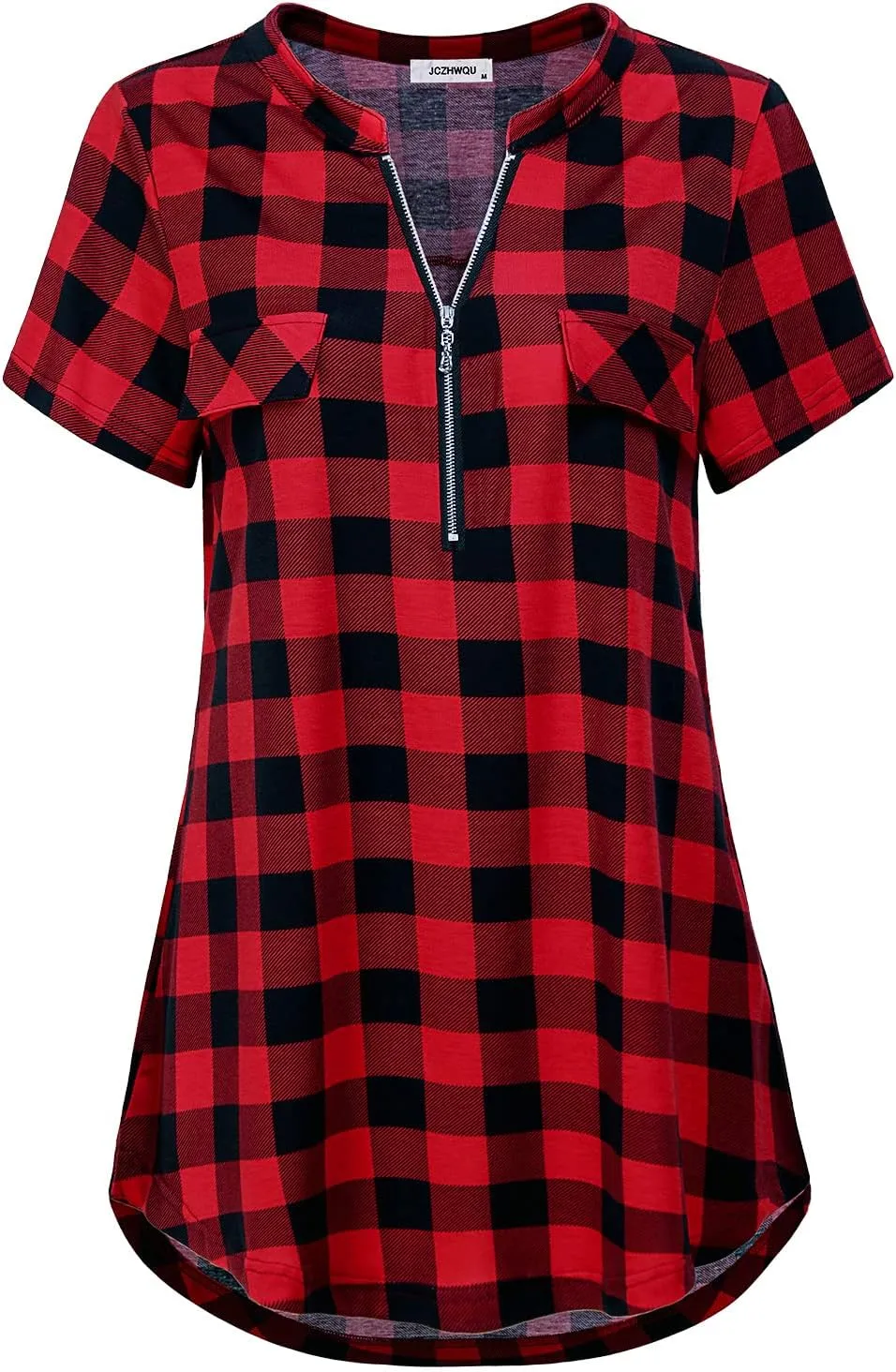 Women's Zip Up V Neck Short Sleeve Casual Tunic Shirt