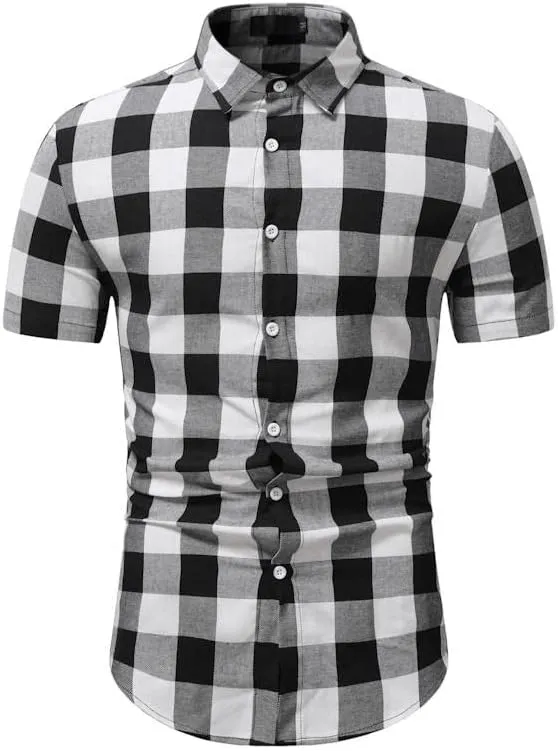 WUAI-Men Slim Fit Dress Shirt Basic Short Sleeve Checked Button Down Collared Shirt Casual Plaid Poplin Business Shirts