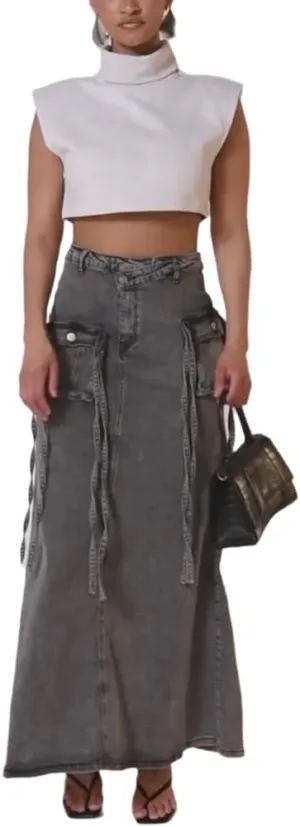 Wuitrie Jean Skirts for Women Denim High Waisted Vintage Cargo Skirt for Women Summer Maxi Skirt Long Jean Skirt with Pockets