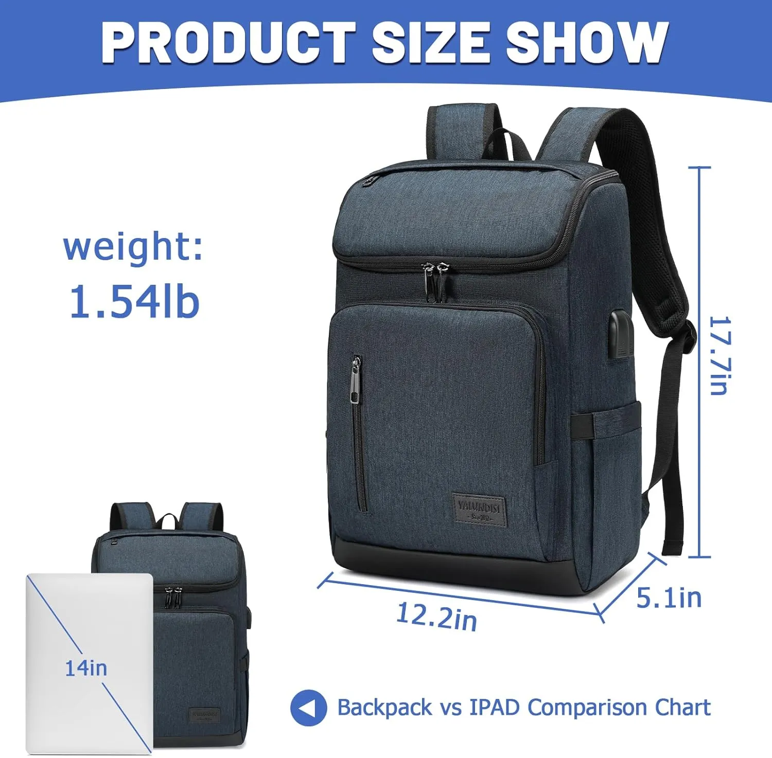 YALUNDISI Laptop Backpacks Travel Backpack Carry On Backpack Casual Daypack with USB Charging Port for Men Women Blue